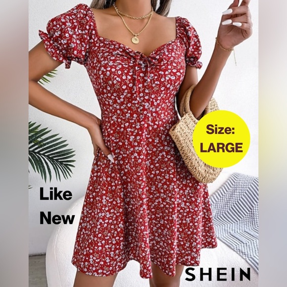 SHEIN Dresses & Skirts - 2/for $15 🪩 SHEIN Red Sweetheart Puff Sleeve Mini Dress (Size Large) LIKE NEW